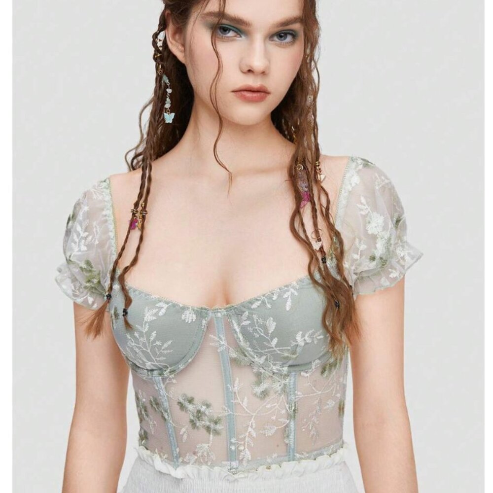 Romwe Mesh Sheer Embroidered Floral Green Corset Bustier Top Coquette Fairy XS